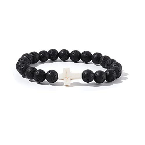 8MM Ornament Lava Volcanic Stone Beads Turquoise Cross Elastic Stretch Bracelet Religion Bangle for Women Men - color: 3 colors