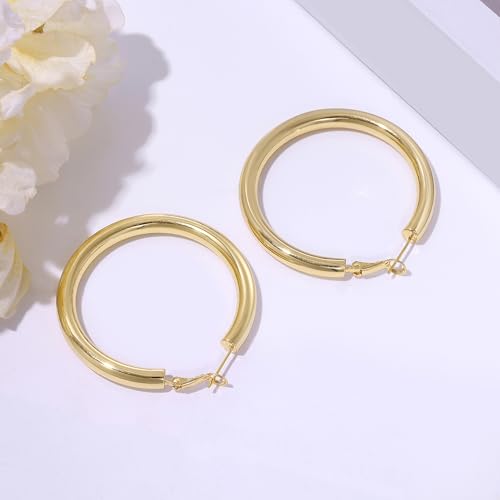 sovesi Chunky Hoop Earrings for Women, 14K Gold Plated Thick Hoops | 5mm Thick Hollow Tube Chunky Lightweight Hypoallergenic Hoop Earrings for Women - style: Gold 50MM