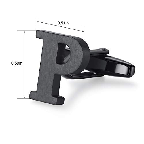 HONEY BEAR Black Initial Letter Round Cufflinks Tie Clip Set for Men | Wedding Business, Tarnish-Resistant, Steel-Plated Copper Base, Gift Box, for Groomsmen, Father, Husband, Anniversary, Formal - style: P Thicker with box