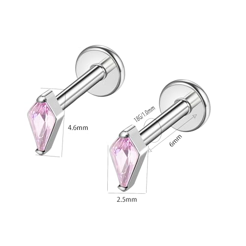 BelezaDosas G23 Hypoallergenic 18g Flat Back Studs Earrings F136 Implant Grade Titanium Tiny Press Fit Threadless Push in Cartilage Helix Labret Lip Conch Tragus Piercing Jewelry - style: Rhombus-pink