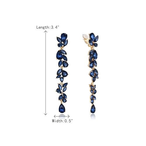 Crysdue Clip On Earrings for Women Rhinestone Crystal Teardrop Cluster Wedding Bridal Non Pierced Long Dangle Earring for Prom Party - color: Sapphire Gold-Tone