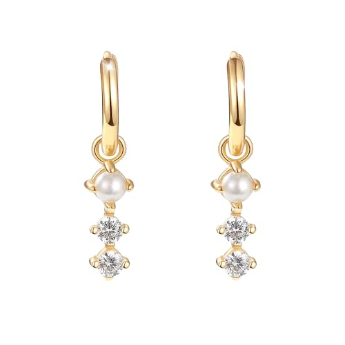 Pearl Earrings for Women Trendy, 14k Gold Plated Freshwater CZ Leaf Pearl Dangle Drop Gold Earrings Lightweight Hypoallergenic Stud Earring Bridesmaid Wedding Gold Jewelry for Women Gifts - style: cz pearl earrings-gold