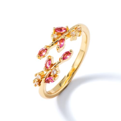 Gold Rings Non Tarnish Silver Adjustable Rings for Women Cubic Zirconia Leaf Ring Dainty Silver Stackable Ring for Women - style: red