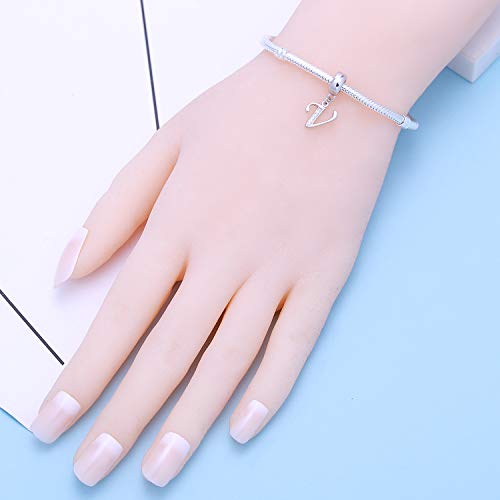 925 Sterling Silver Letter Charms Fits Pandora Bracelets, Gift for Women | A-Z Alphabet Initial Charm with CZ,Great gift for Christmas, Valentine's Day, Mother's Day. - color: V