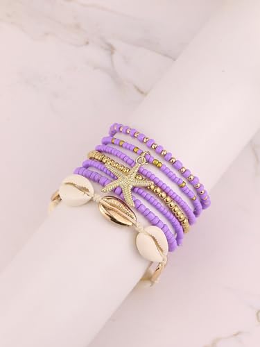 Bohemian Starfish Bracelets for Women - Adjustable Stackable Beach Bracelets, Handmade Stretchy Beaded Summer Jewelry, Perfect for Surf & Waterproof Fun - color: Purple