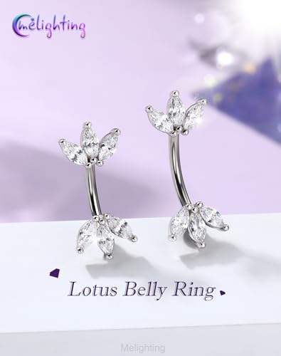 Melighting 14G Gold Lotus Belly Button Ring, Double CZ Navel Ring 316L Surgical Stainless Steel Marquise 5A CZ Steel Belly Bar 8 mm/10 mm - color: Steel, size: 14g10mm