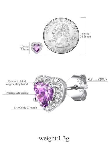 FindChic Birthstone Earrings for Women, Round/Heart/Square/Teardrop Earrings with 925 Sterling Silver Posts & Push Backs, Hypoallergenic Studs with Cubic Zirconia, 12 Months Jewelry with Gift Box - style: 06. June-Alexandrite (Heart-Silver)