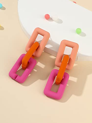 Chunky Acrylic Link Earrings Multicolor Thick Rectangle Paperclip Link Chain Earrings Rainbow Resin Geometric Paperclip Chain Ear Drop Dangle Earrings for Women Girl Funky Jewelry - color: J pink orange rose