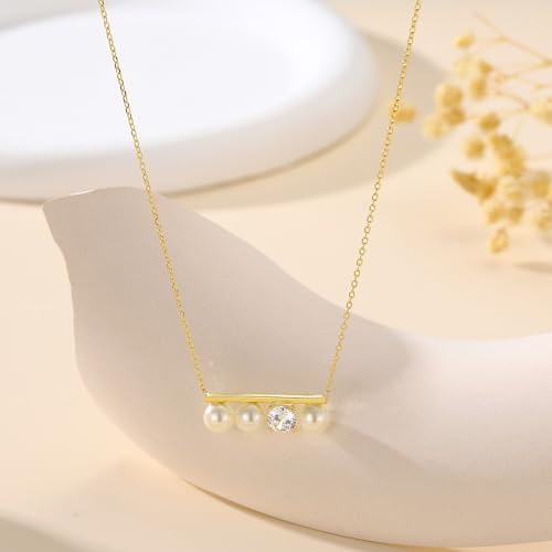 S925 Sterling Silver Dainty Peral Necklaces for Women 18K Gold Plated Pearl Bar Drop Pendant Choker Necklace Y-Shaped Adjustable Chain Hypoallergenic Womens Jewelry Gifts Fashion Accessories - color: Gold-CZ & Bar