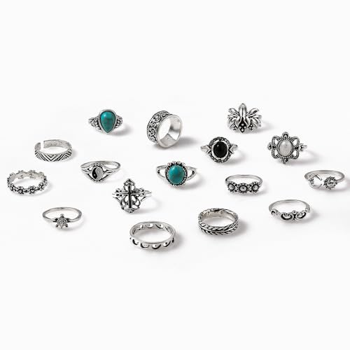 Airvess Vintage Knuckle Rings Set, Chunky Turquoise Stackable Rings, Silver Joint Finger Stacking Rings, Bohemian Western Jewelry for Women - style: 16 Pcs