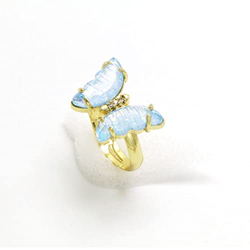 COLORFUL BLING Adjustable Elegant Transparent Crystal 3D Butterfly Rings for Women Aesthetic Gold Plated Cute Animal Insect Open Finger Cuff Ring Birthday Valentine Gifts - color: pure light blue