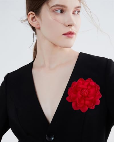 Dainty Fabric Rose Flower Large Brooch Lapel Pins Flower Brooches Pin Classic for Wedding Party Dance Banquet for Women Dress Suit Clothes Accessories Jewelry 100mm - color: Red