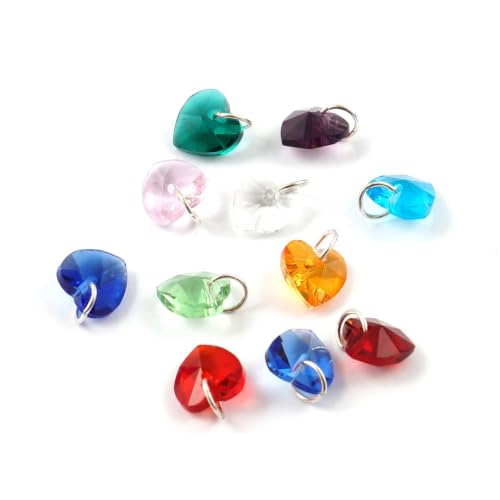 3 Sets Dangle Birthstone Charm Drops 10mm Valentine Love Heart Crystal Beads Silver Plated Open Jump Rings (36pcs) - size: Heart charm with jump rings (3 Sets/36pcs)
