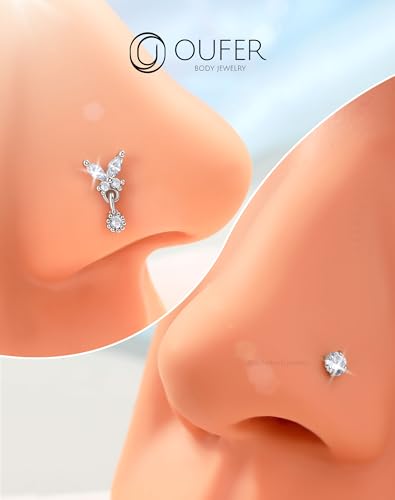 OUFER 2PCS Stainless Steel Nose Rings, Moon Star Butterfly Design 20G Nostril Dangle Piercing Jewelry - 7MM - style: Butterfly
