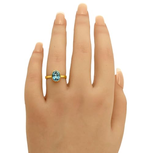 18K Gold Filled Non-Tarnish Ring for Women – Oval Multi Gemstone Solitaire Band – Classic Birthstone Jewelry for Everyday Wear - color: London Blue Topaz