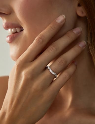 EAMTI 925 Sterling Silver Wedding Bands for Women Cubic Zirconia Wave Stackable CZ Curved Eternity Engagement Promise Gold Rings Size 4-10 - color: Brass-Silver