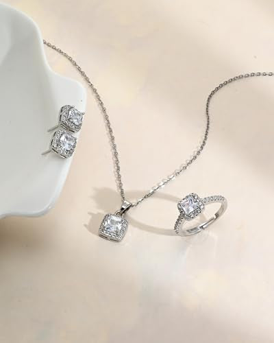 Halo Cubic Zirconia Jewelry Set for Women, Square CZ Stud Earrings Pendant Necklace Adjustable Ring, Silver Simulated Diamond Jewelry for Wedding/Birthday/Prom/Christmas