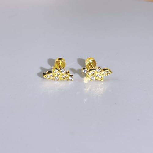 Crystal Leaf Cartilage Tiny Stud Earrings Stainless Steel Cubic Zirconia Leaves Flower Screw Flat Back Tragus Helix Studs Earring for Women Girls Men Dainty Jewelry Gifts 18G - color: Gold