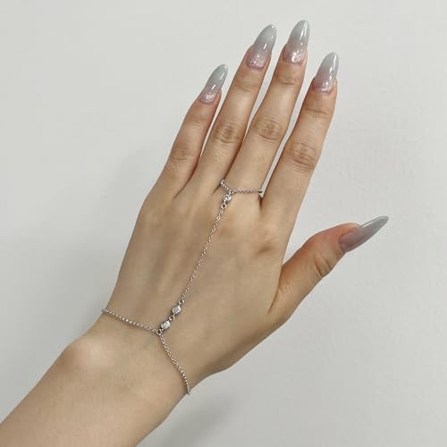 Kakikaki 925 Sterling Silver Finger Ring Bracelet Hand Chain for Women | Slave Bracelets 7" to 9" Adjustable - color: Silver, style: 3 Diamond