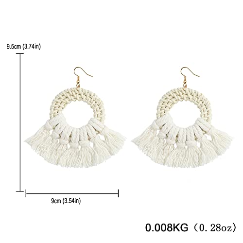Bohemia Tassel Earrings Statement Handmade Dangle Ethnic Fringe Earrings Bamboo Weaving Geometric Square Sector Gifts for Women - color: round white