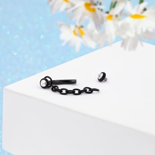 3 Pcs 316L Stainless Steel 16G Tragus Helix Rook Piercing Jewelry with Chain, Cartilage Earrings for Women, Belly Button Ring Vertical Labret Lip Piercing Jewelry - color: Black, size: Full Setting