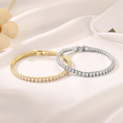 Yoosteel 14K-Gold-Plated/White-Gold-Plated Tennis Bracelet for Women,3mm CZ | Dainty Cubic Zirconia Bracelets,Classic Tennis Bracelet,Trendy Simple CZ Jewelry Gifts,6.5/7/7.5 Inch Bracelets - color: Four Claws-14K-White Gold-Plated, size: 7.5