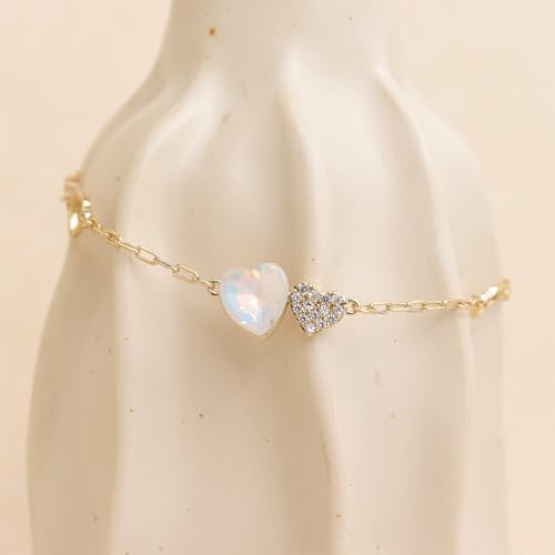 Silver Heart Charm Link Anklet for Women, Adjustable Handmade Cubic Zirconia Stackable Waterproof Summer Beach Chain Anklets Jewelry Accessories Gift - color: Gold Opal Heart