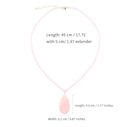 BaubleStar Teardrop Natural Crystal Healing Stone Pendant Necklace | Birthstone Quartz Necklace for Women, Multi-Color Available - color: Rose Quartz/Beaded Chain