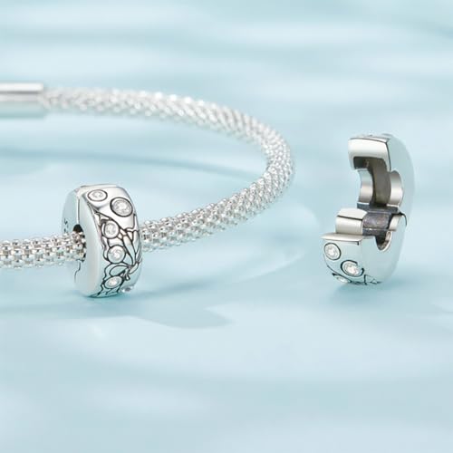 Heart Charm Clip Lock Spacer Stopper Charm Bead Bracelet 925 Sterling Silver Charms Safety Chain for Pandora Bracelets - color: Butterfly Flower Stoppered Beads