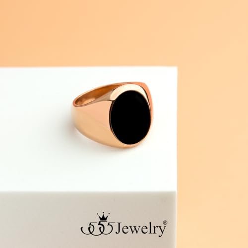 555Jewelry Stainless Steel High Polish Plain Oval Black Onyx Signet Ring for Men - color: Rose Gold