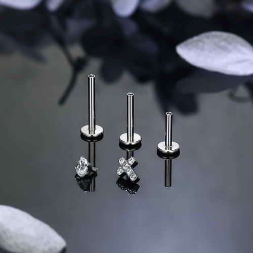 Titanium Flat Back Lip Rings Internally Threaded Earrings Studs Nose Rings 16G Cross Curve Stripe Tragus CZ Cartilage Lobe Rook Helix Conch Labret Medusa Piercing Jewelry for Women Men - style: Cross CZ
