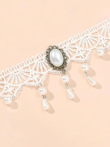 Lace Choker Necklace for Women Tassel Pendant Choker Necklaces Elegant Boho Collar Necklaces Statement Artistic Chain Necklace with Pearl Halloween Party Cosplay Costume Jewelry - color: White Lace Pearl-4
