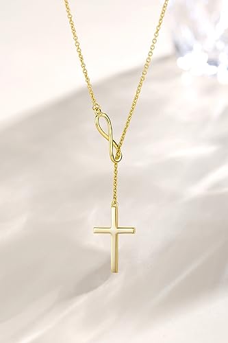 FANCIME White Gold Plated 925 Sterling Silver High Polished Infinity Cross Pendant Lariat Necklace Y Necklace Gift for Women, 18" - color: Y cross-gold