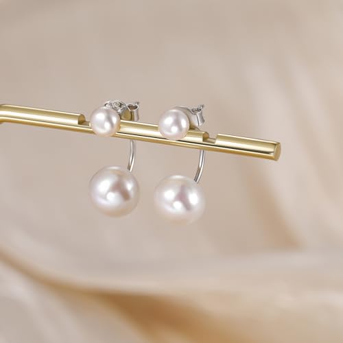EAMTI Pearl Earrings for Women 925 Sterling Silver Double Freshwater Pearl Stud Drop Earrings Front Back Earring Jackets