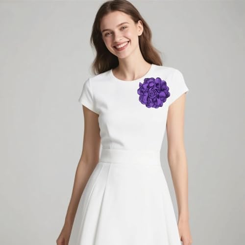 Satin Rose Flower Brooch Hair Clip for Women 4.3 Inch Floral Pin for Hats Dress Everyday Outfits Beach Vacations - color: Purple