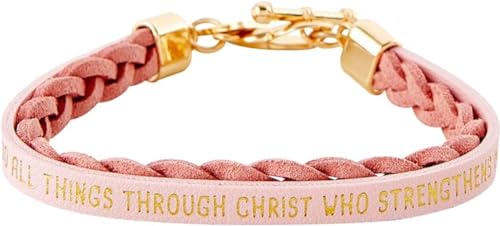 Creative Brands Christian Gifts Bracelets - Gold Plated Heart and Toggle Clasp Braided Faux Leather Bracelet, One Size, Phil 4:13 Pink