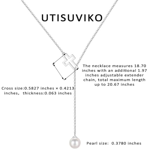 925 Sterling Silver Cross Pearl Lariat Necklace for Women | Y-Shaped Pearl Drop Necklace Adjustable Hollow Cross Pearl Necklace Faith Baptism Birthday Jewelry Gift for Mother Daughter - color: Silver
