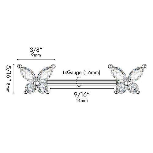 316L Stainless Steel Nipple Rings, Surgical Steel Nipple Bars, 14G Nipple Piercing Barbell, Sparkle Cubic Zircons CZ, Nipple Piercing Jewelry - color: Butterfly Silver CZ
