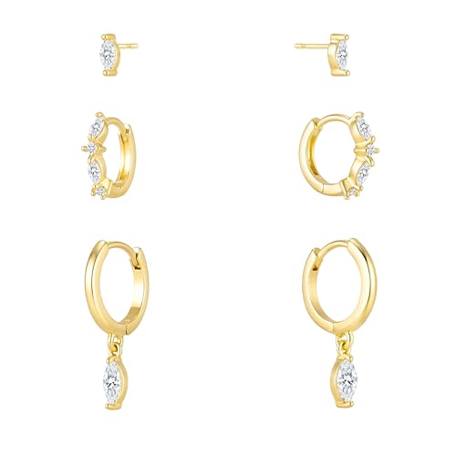 3 Pairs Earring Stacks, Gold Earring Set Jewelry Gift for Women | Small, 14K Gold/White Gold/Black/Rose Gold Plated, Hypoallergenic, Her, Everday, Stackable, Simple, 3 Holes - color: Gold-Marquise
