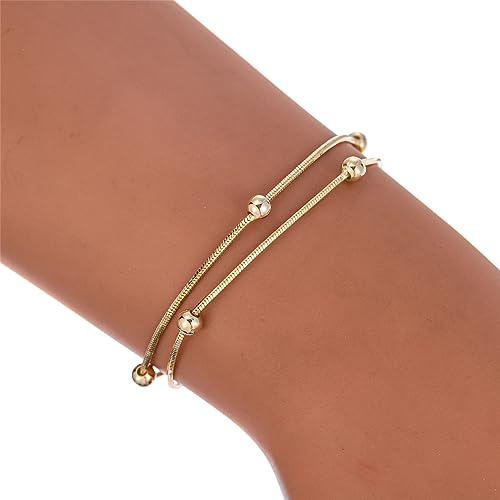 14K White Gold Plated Link Bracelet for Women Heart Star Round Beaded Charms Dainty Chain Simple Jewelry Gifts - color: layered round-gold