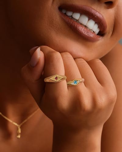 YeGieonr Gold Rings for Women Non Tarnish, 18K Gold Plated Stainless Steel North Star Signet Ring, Waterproof Dainty Pinky Statement Ring, Tarnish Free Gold Jewelry for Women - color: Rhombus Red
