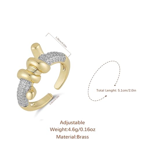 HZMAN Brass Crystal Adjustable Open Ring Collection, Multi-Style Statement Rings for Women & Men, Mix Cut & Paved Crystal Designs - color: Twisted Knot Ring