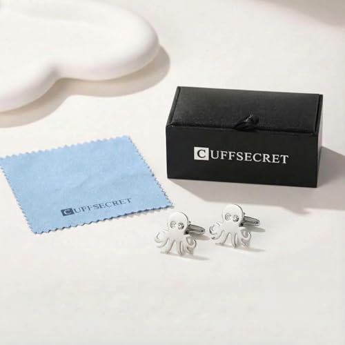 Men’s Octopus Cufflinks – Stainless Steel Ocean-Themed Cuff Links with Gift Box & Polishing Cloth – Available in Silver & Gold - color: steel