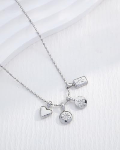 Interchangeable Removable CZ Charms Necklace, Gold Silver Stainless Steel Adjustable Box and Rice Bead Chain Minimalist Custom DIY Pendant Jewelry Gifts - color: Silver-B