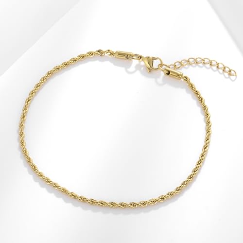 Gold Stainless Steel Anklet Chain for Women Adjustable Ankle Bracelet Fashionable Simple Design, Round mold chain - color: Gold+ Twist chain, size: 22+3cm