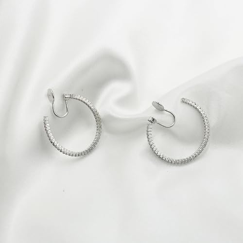 Gold Clip On Hoop Earrings for Women Large Rhinestone Statement Hoops Non Pierced Earrings Wedding Bridesmaid Party Jewelry - color: A2:silver earrings(4cm)