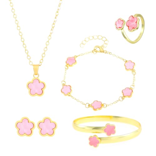 Fashionable Five Leaf Clover Jewelry 18K Gold Plated Bracelet Necklace Ring Studs Earrings Set for Women for Women - color: Pink