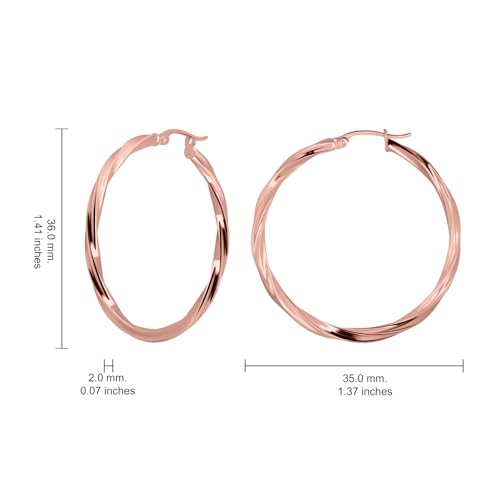 Hoops & Loops 925 Sterling Silver Twisted Hoop Earrings for Women - Hypoallergenic 14K Gold, Rose Gold, Black Flash Plated 2mm Thin Twist Design Round Click-Top Hoops, 15/20/25/30/35/40/50/60mm - color: Rose Gold-35mm (1.38 inch)