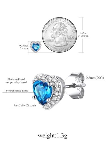 FindChic Birthstone Earrings for Women, Round/Heart/Square/Teardrop Earrings with 925 Sterling Silver Posts & Push Backs, Hypoallergenic Studs with Cubic Zirconia, 12 Months Jewelry with Gift Box - style: 12. December-Blue Topaz (Heart-Silver)
