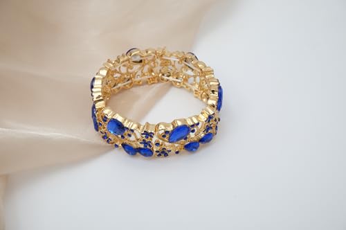 CSY Elegant Crystal Costume Jewelry Sets Flower Bridal Necklace Earrings Stretch Bangle Set for Bride Bridesmaid Wedding Dress Accessories - color: Sapphire blue-gold tone